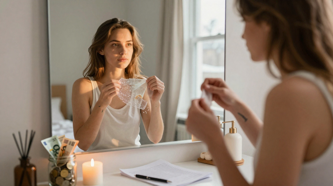 Mulher a olhar-se ao espelho enquanto segura uma máscara facial transparente num quarto iluminado.