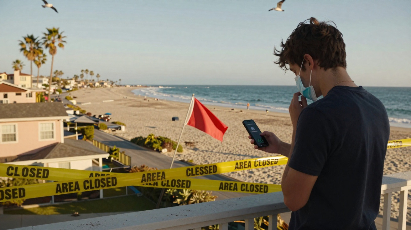 Jovem com máscara consulta telemóvel junto a praia vedada com fita amarela e bandeira vermelha.