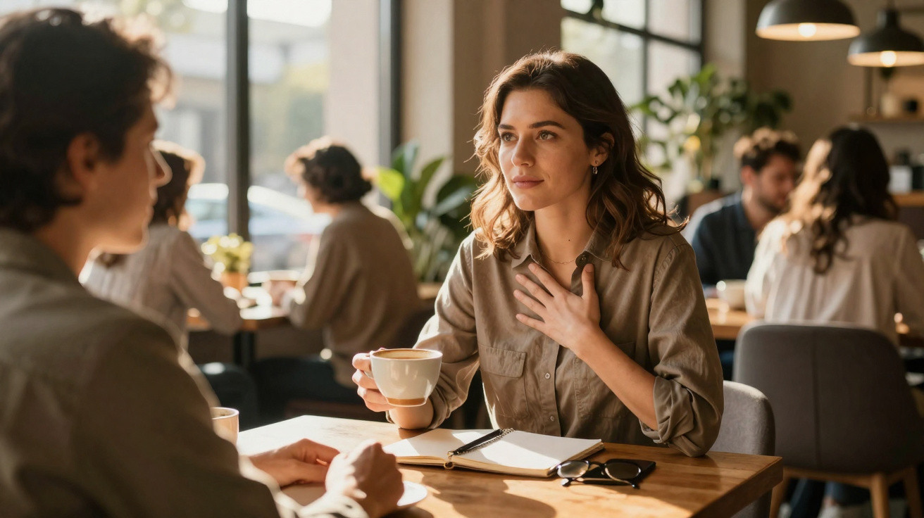 Mulher a conversar emocionada com homem numa cafetaria, segurando uma chávena de café.