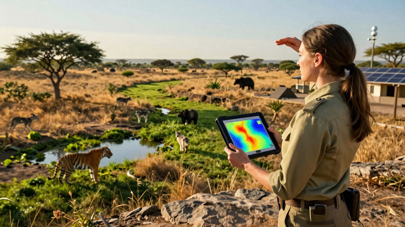 Mulher de uniforme observa animais selvagens num cenário de savana, segurando tablet com mapa térmico colorido.