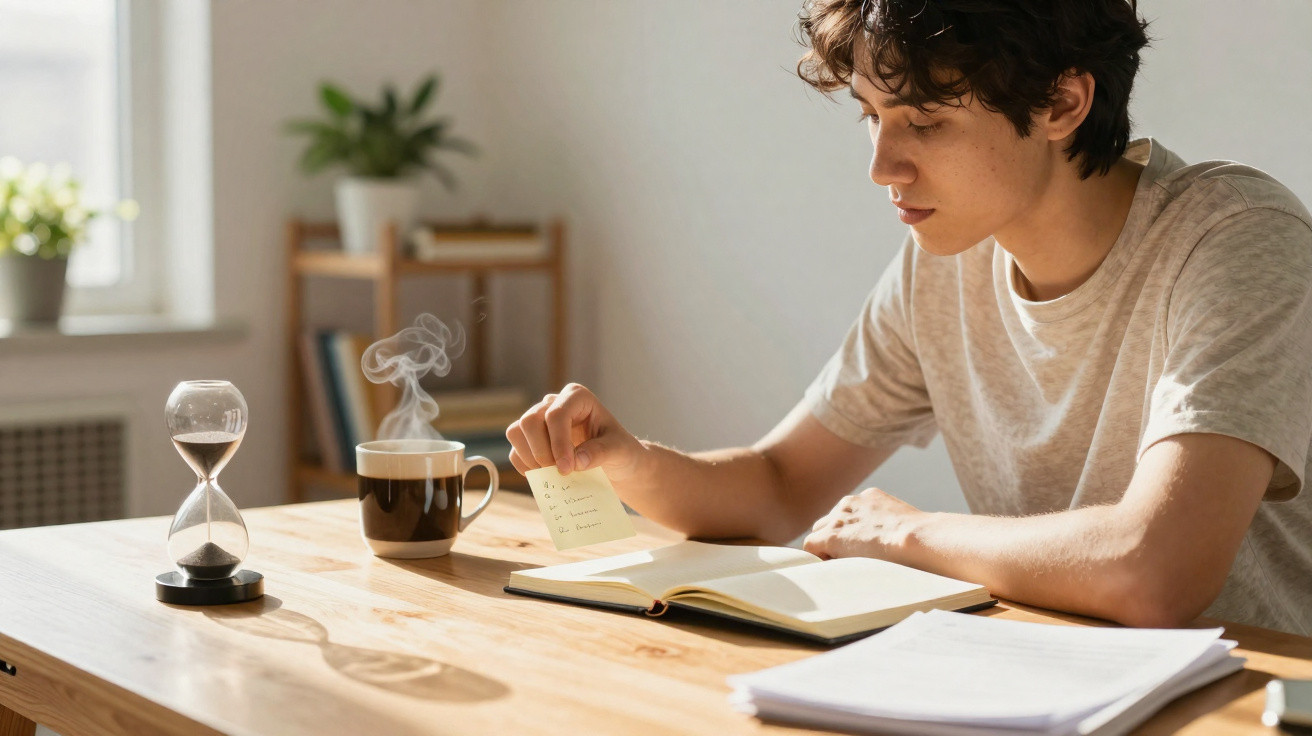 Jovem a estudar com livro aberto, nota adhesiva, chá quente e ampulheta numa mesa de madeira clara.