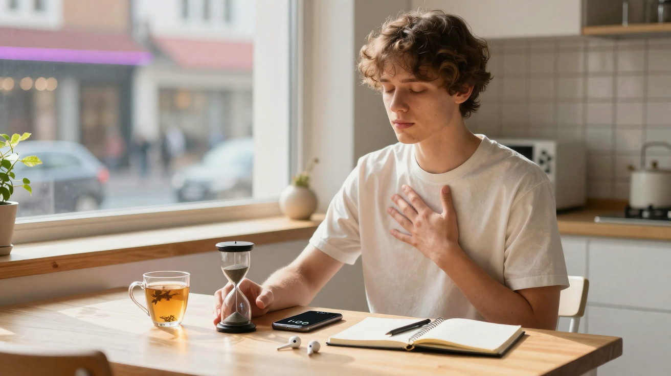 Jovem sentado à mesa com chá, ampulheta, smartphone, auscultadores e caderno, com a mão no peito, de olhos fechados.