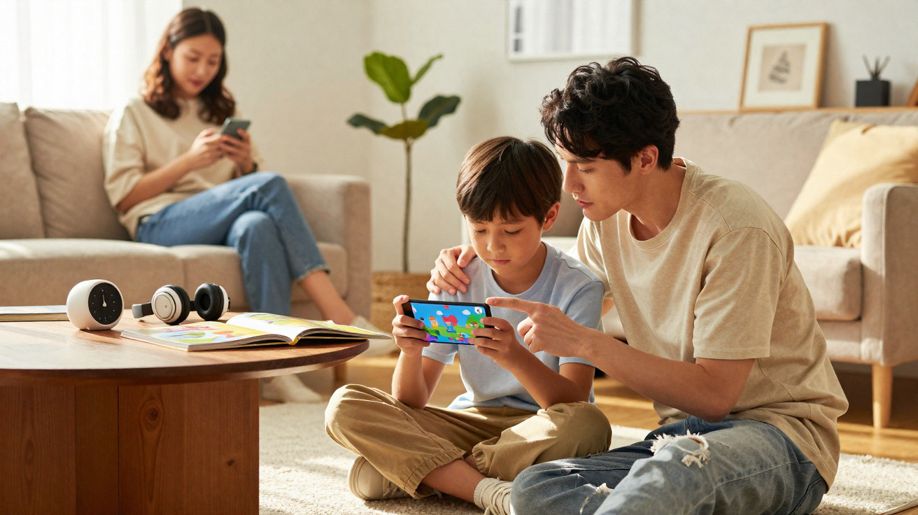 Pai e filho sentados no chão a jogar num tablet, mãe no sofá a usar smartphone.