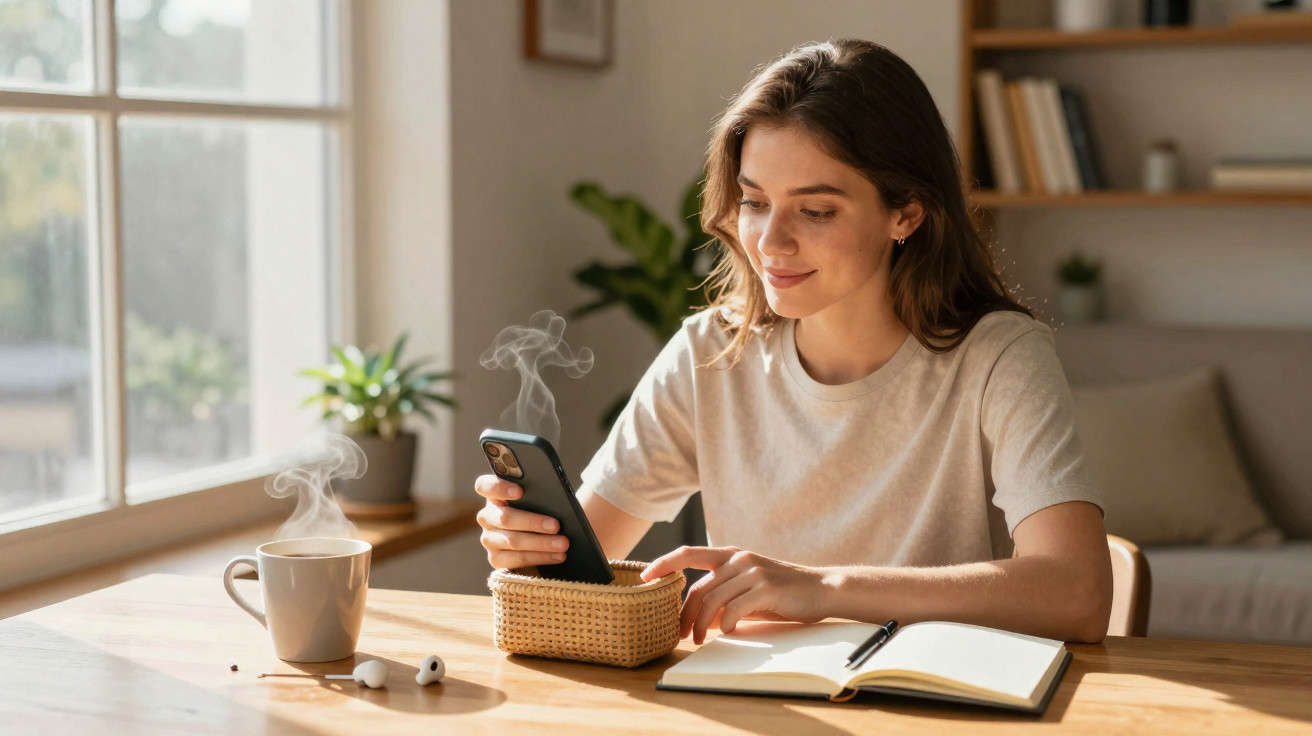 Mulher sentada à mesa com café, telemóvel, caderno aberto e auriculares a usar smartphone.