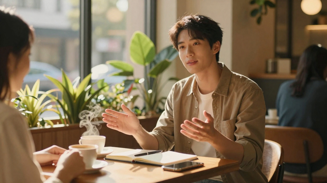 Homem a conversar animadamente com uma mulher num café, com plantas e luz natural ao fundo.