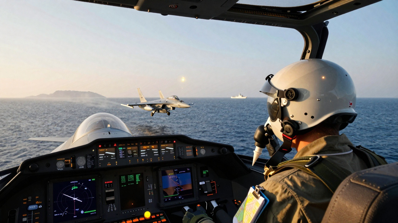 Piloto dentro de caça em voo, com outro caça a sobrevoar o mar e um navio ao longe ao pôr do sol.
