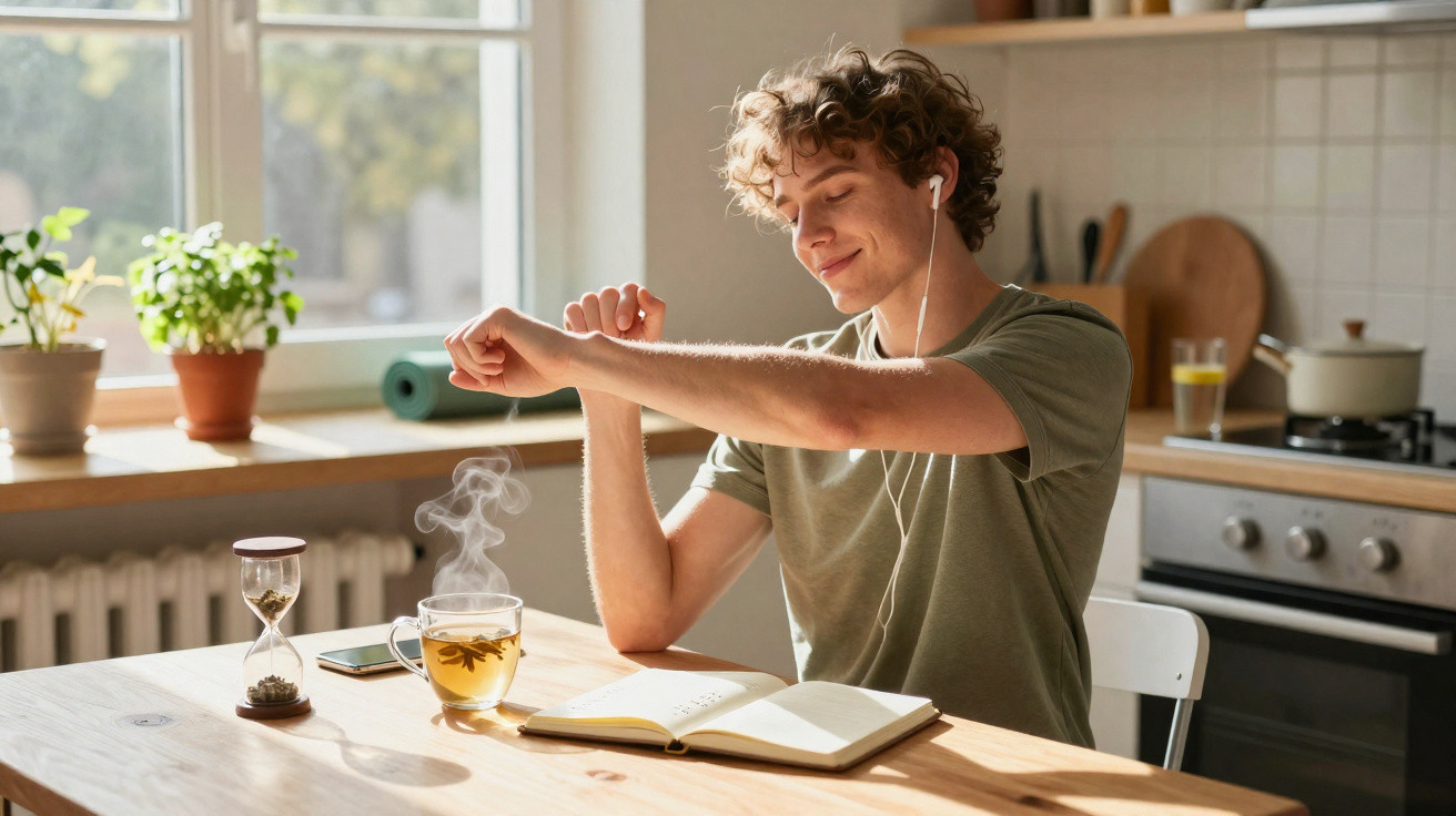 Jovem sentado à mesa, esticando os braços, com chá quente, caderno aberto e auriculares ligados.