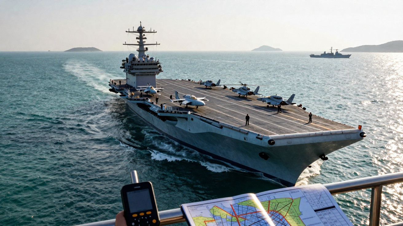 Porta-aviões militar no mar com aviões de caça no convés, visto de outro barco com mapa e rádio.