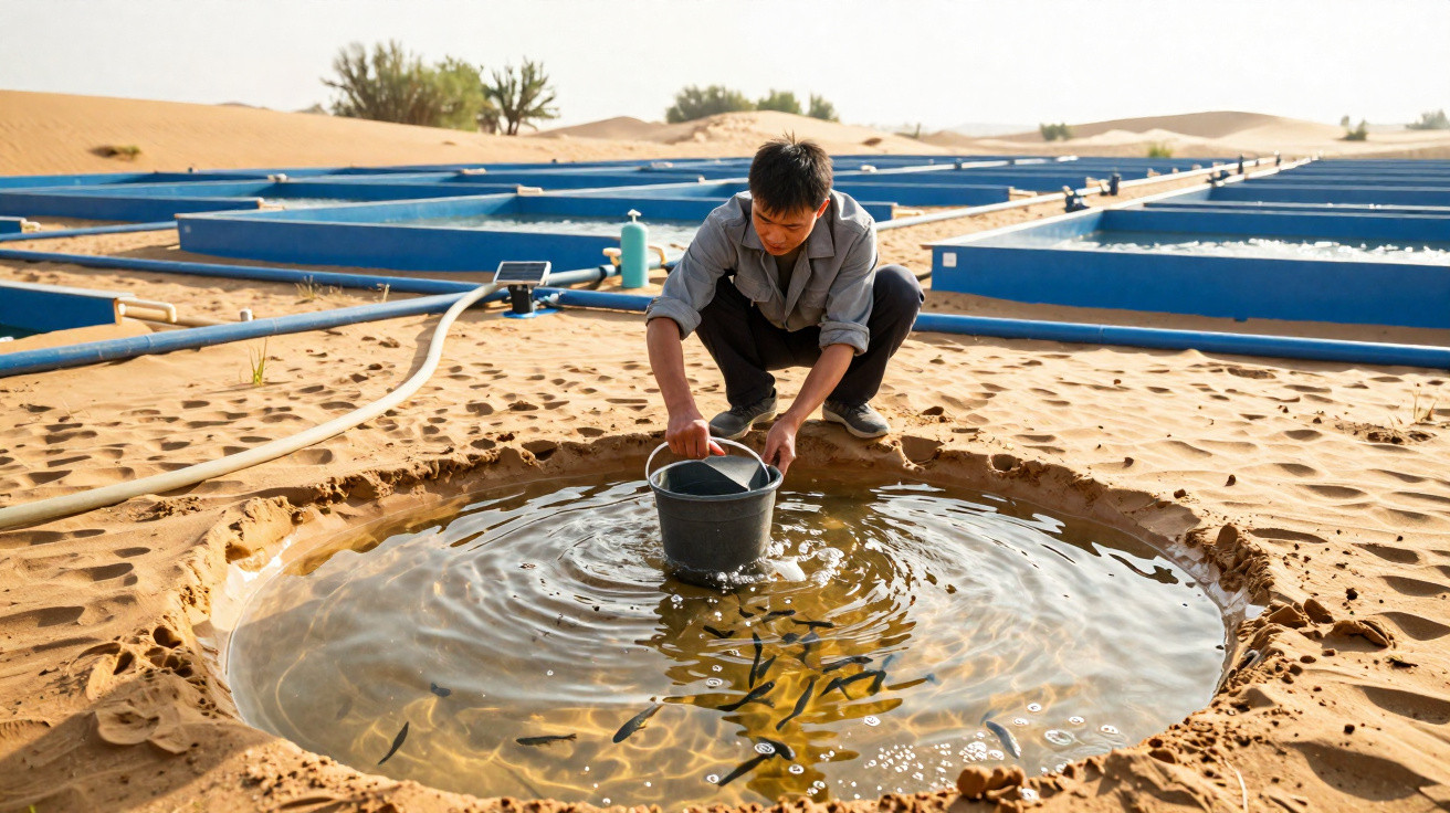 Homem a recolher água com balde numa pequena lagoa no deserto com peixes e sistemas azuis no fundo.