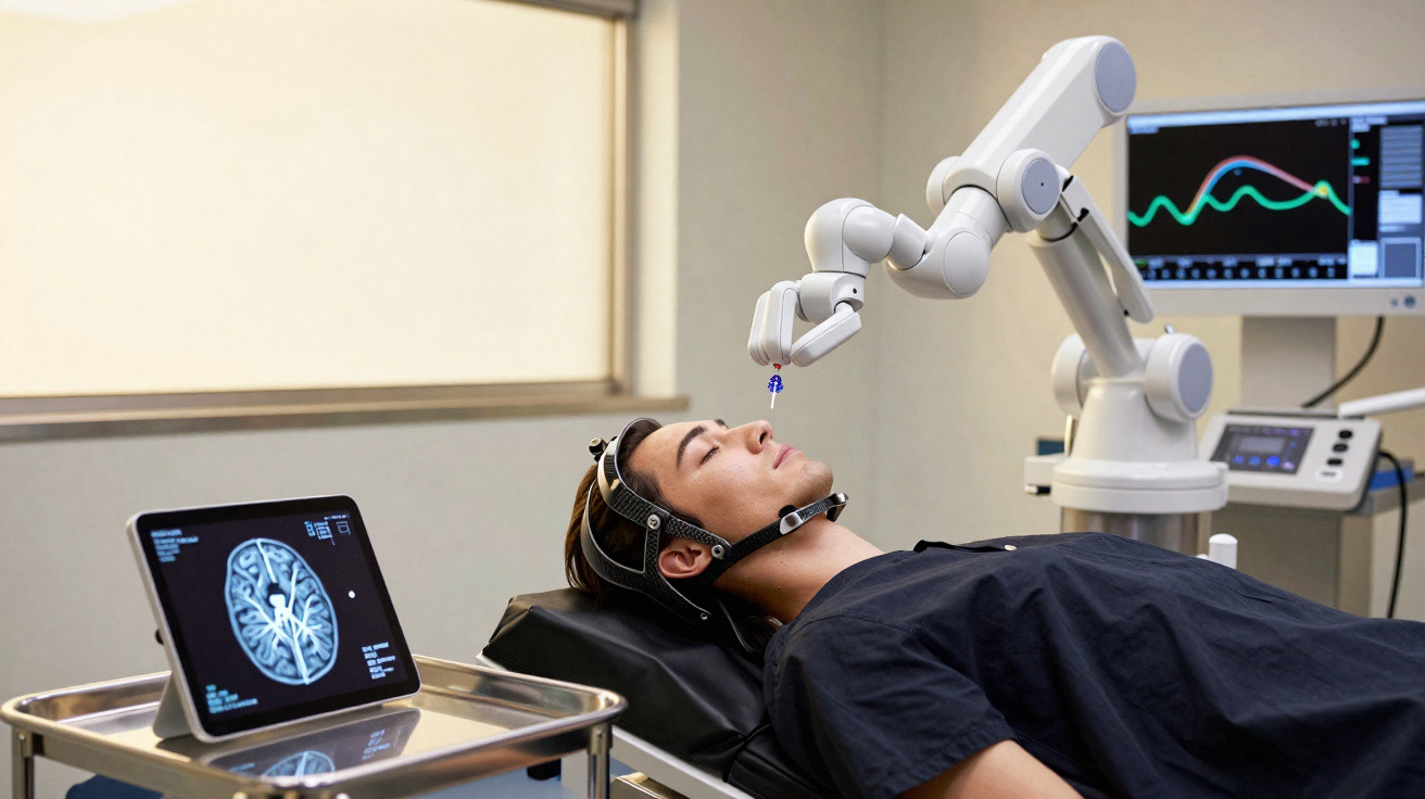 Paciente deitado a receber tratamento cerebral com braço robótico assistido por monitorização digital.