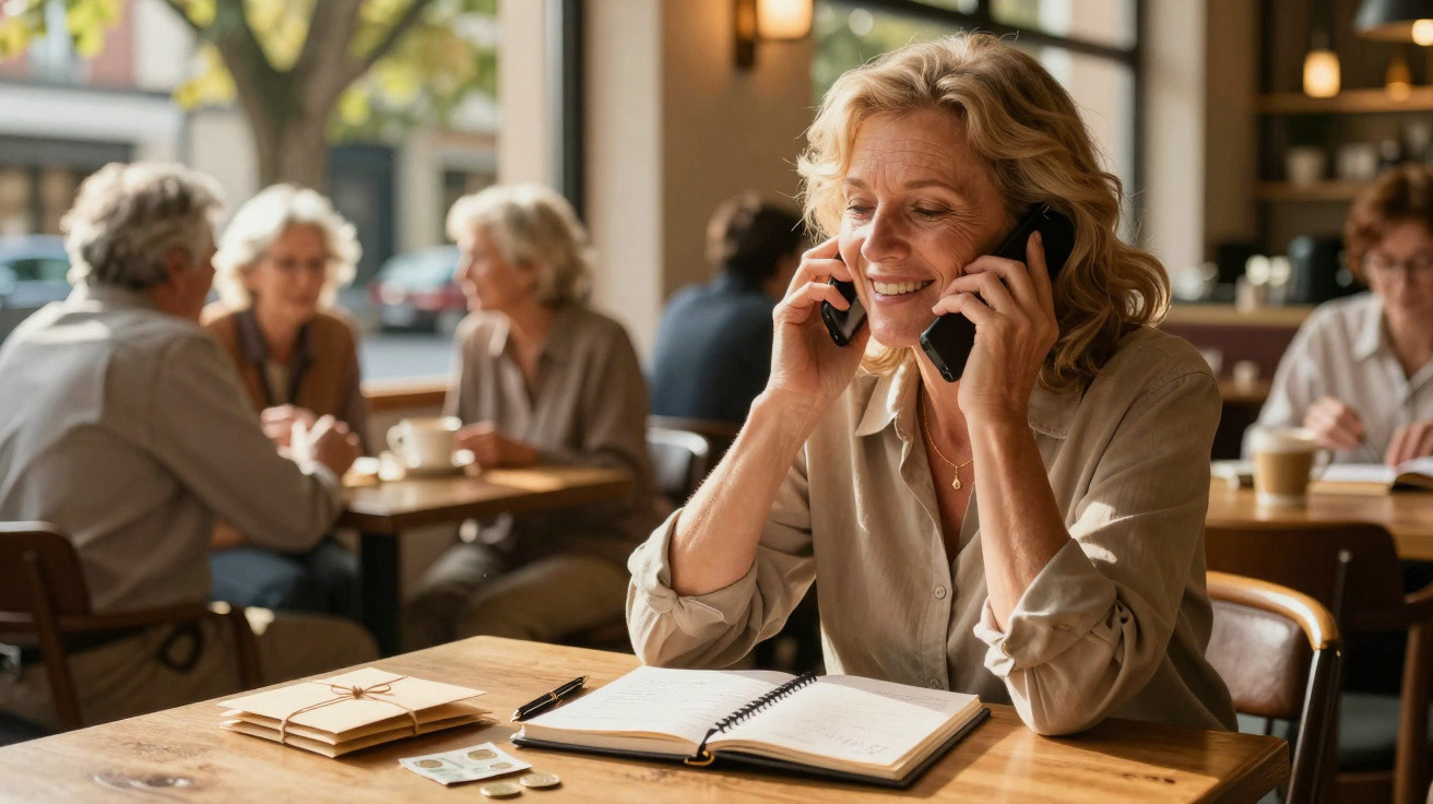 Mulher sorridente a falar ao telemóvel enquanto escreve num caderno, numa cafetaria com outras pessoas ao fundo.