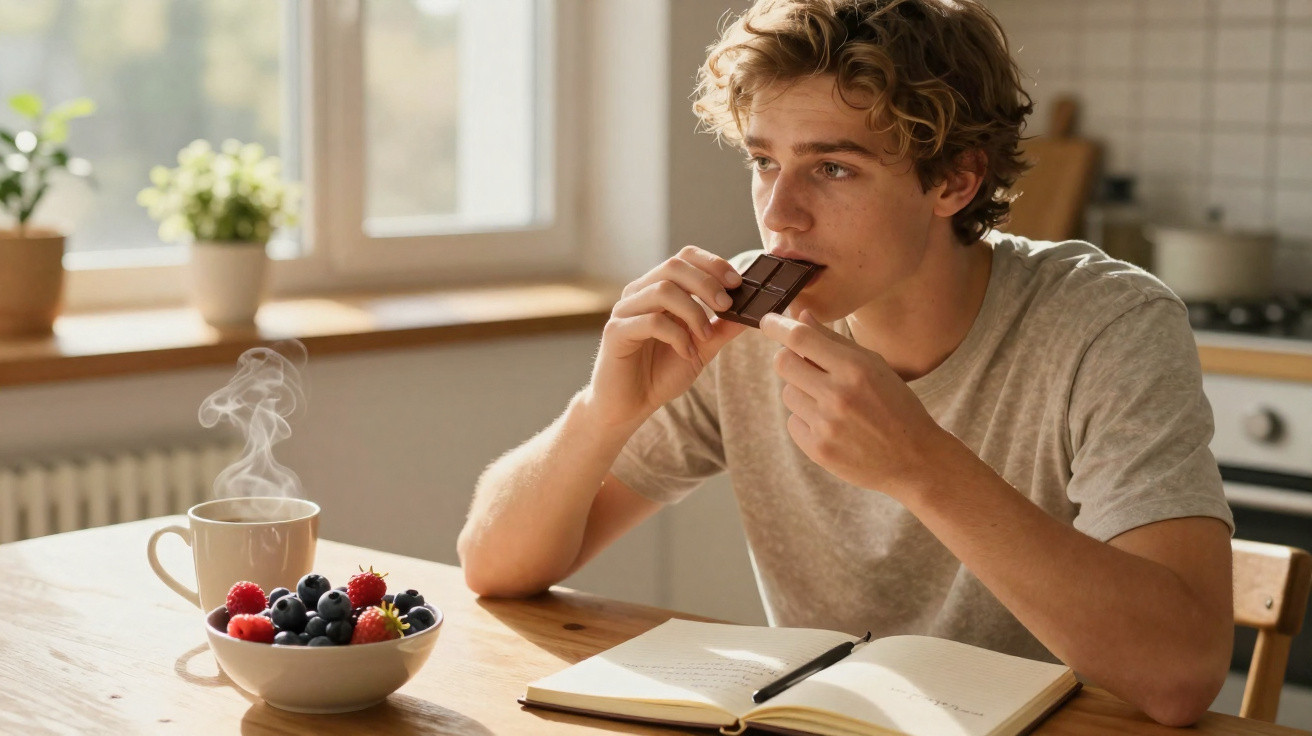 Jovem a comer chocolate sentado numa mesa com caderno aberto, fruta frescas e chá quente na cozinha.