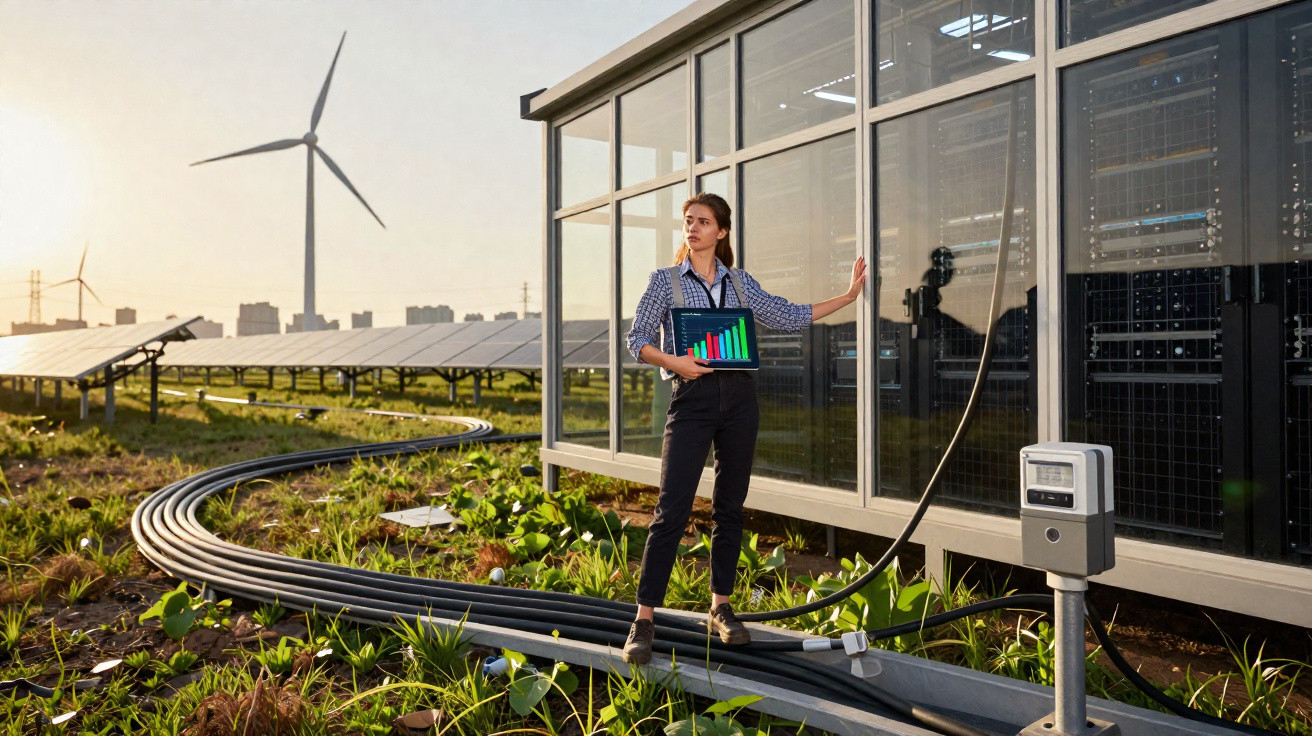 Mulher com tablet a analisar dados junto a painéis solares e turbina eólica ao pôr do sol numa área verde.
