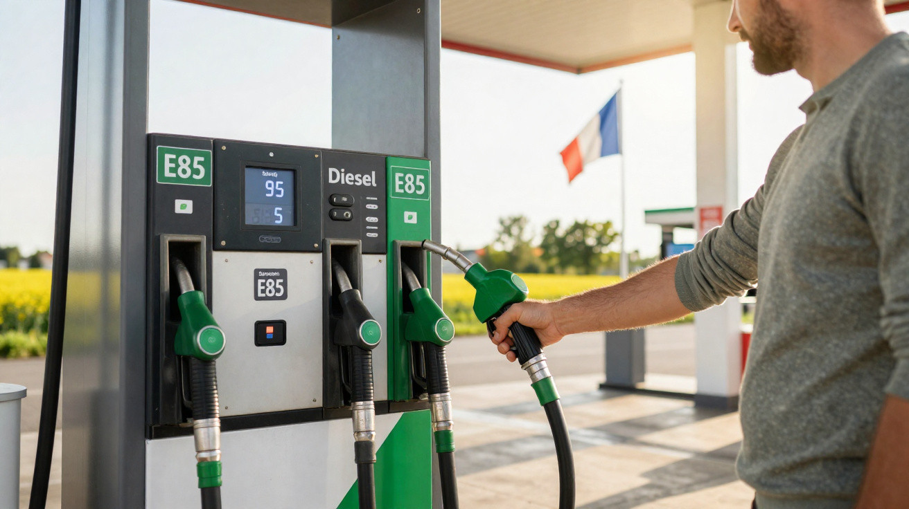 Homem a abastecer carro com combustível E85 numa bomba de gasolina com bandeira francesa ao fundo.