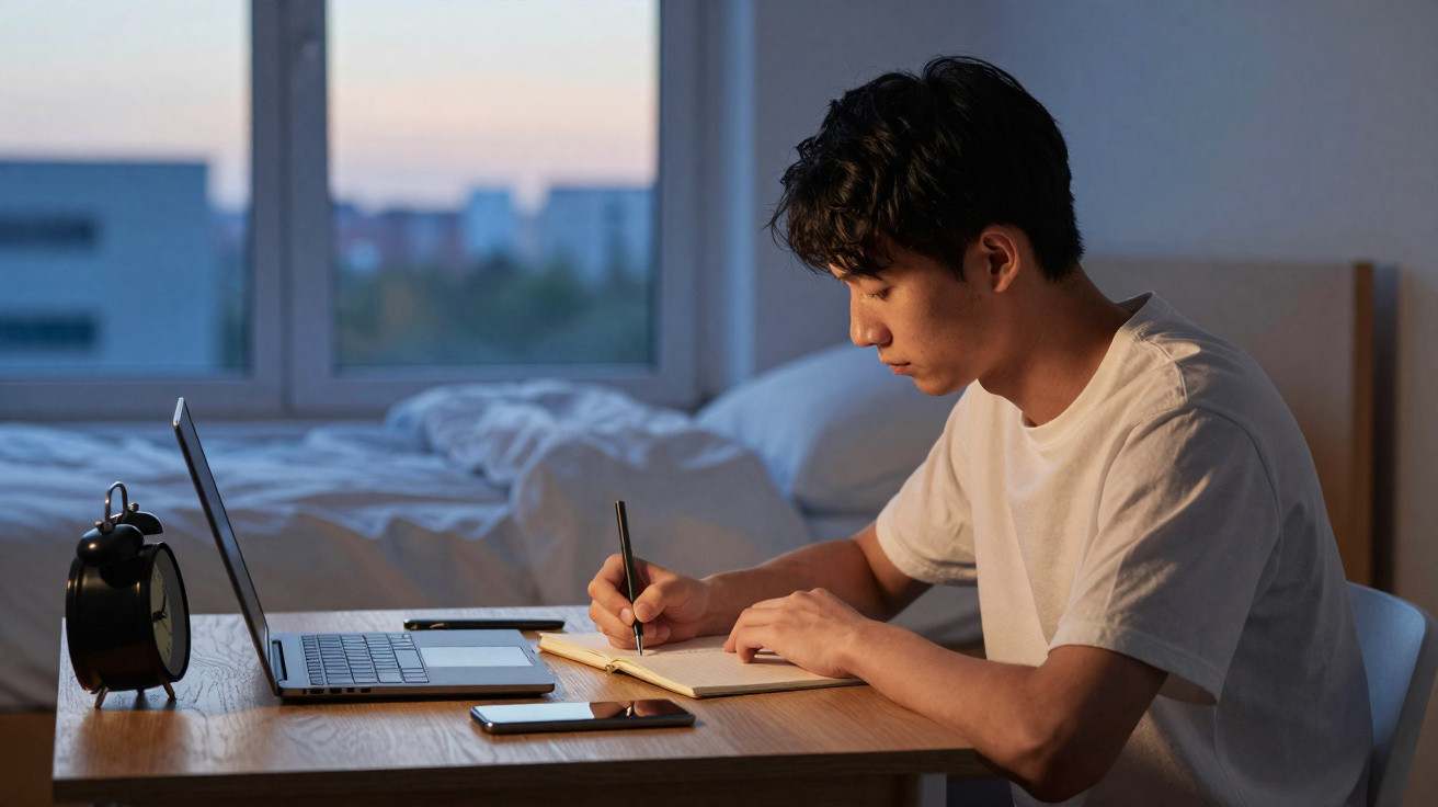 Jovem a estudar à mesa, a escrever num caderno, com portátil, telemóveis e um despertador ao lado.