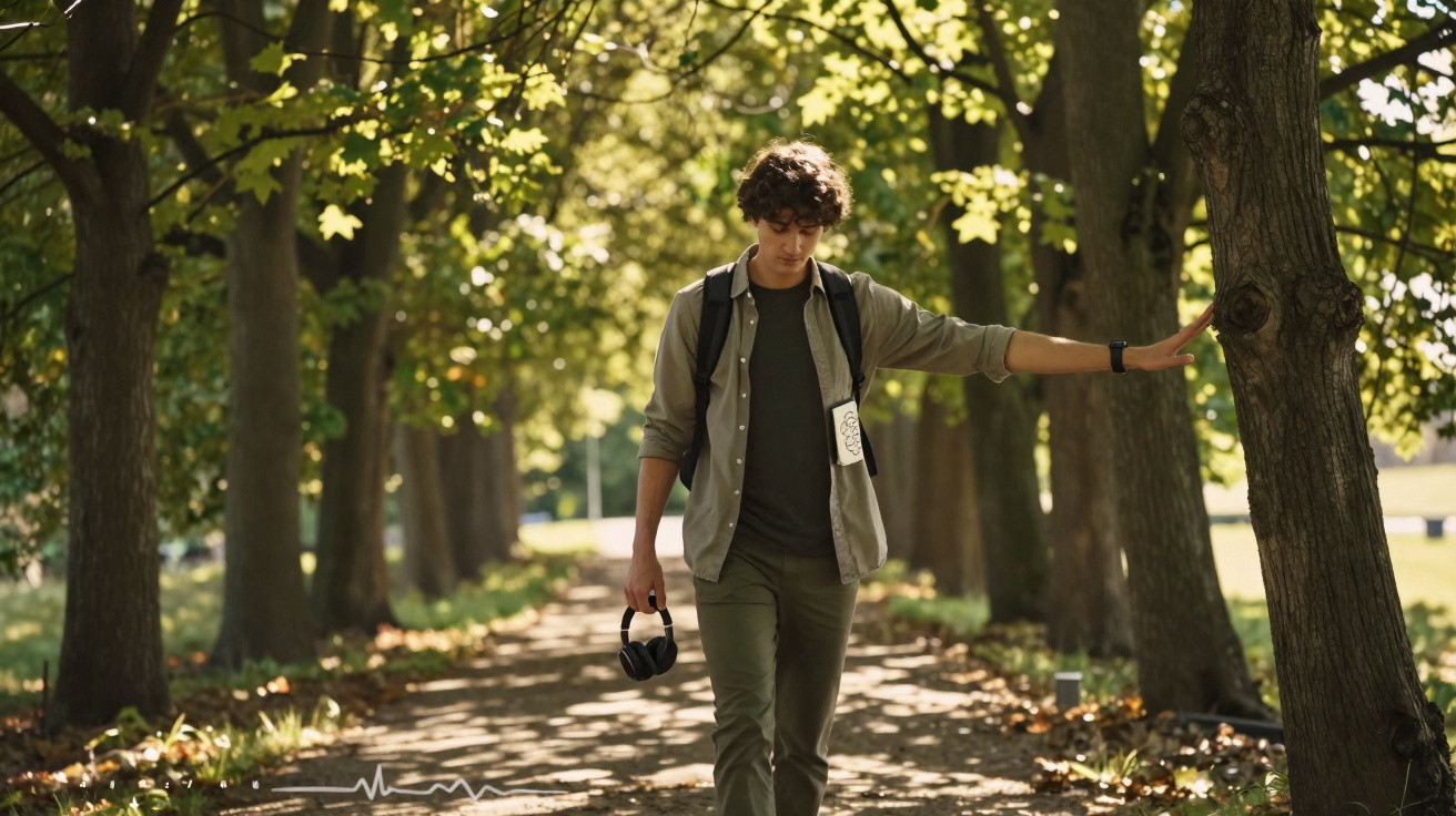 Jovem a caminhar sozinho por um caminho arborizado, com headphones na mão e mochila às costas.