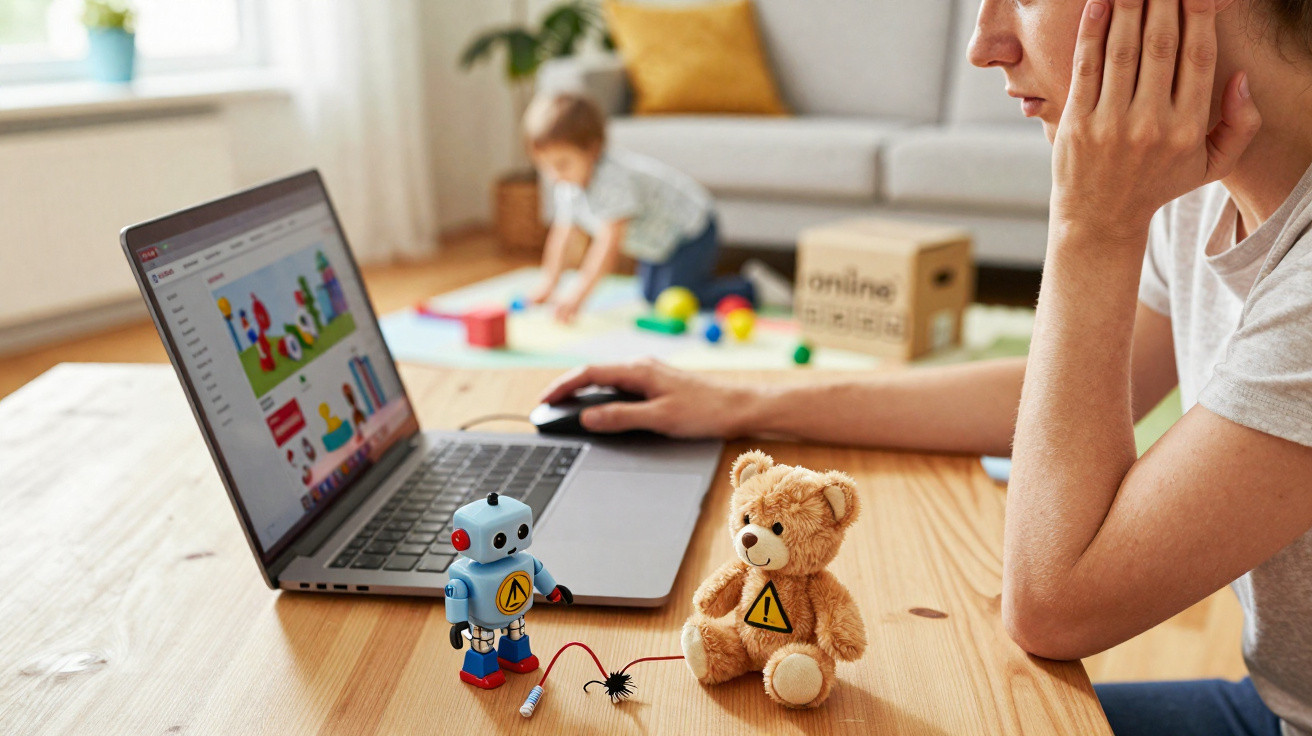Mulher a trabalhar num computador portátil com brinquedos na mesa e criança a brincar ao fundo.