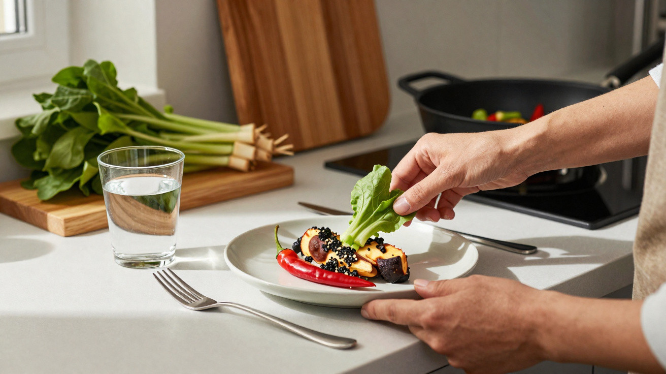 Pessoa a colocar folha verde num prato com pimento, comida decorada e copo de água sobre bancada.