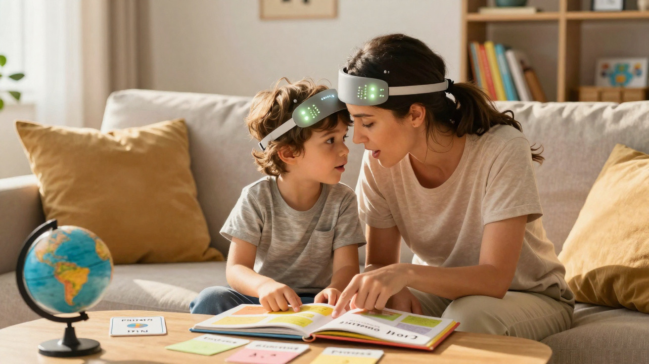 Mãe e filho com fones de luz a aprender juntos em casa, lendo um livro numa sala acolhedora.
