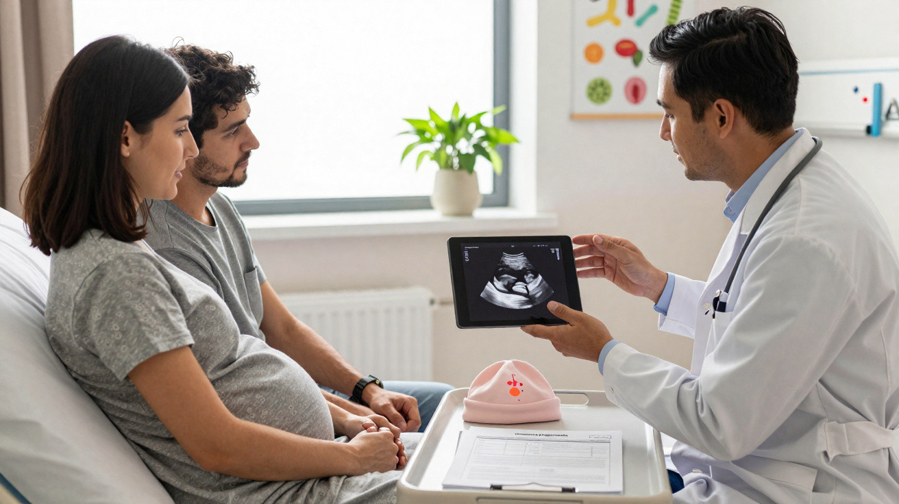 Casal grávido consulta médico que mostra ecografia num tablet numa sala de consulta luminosa.