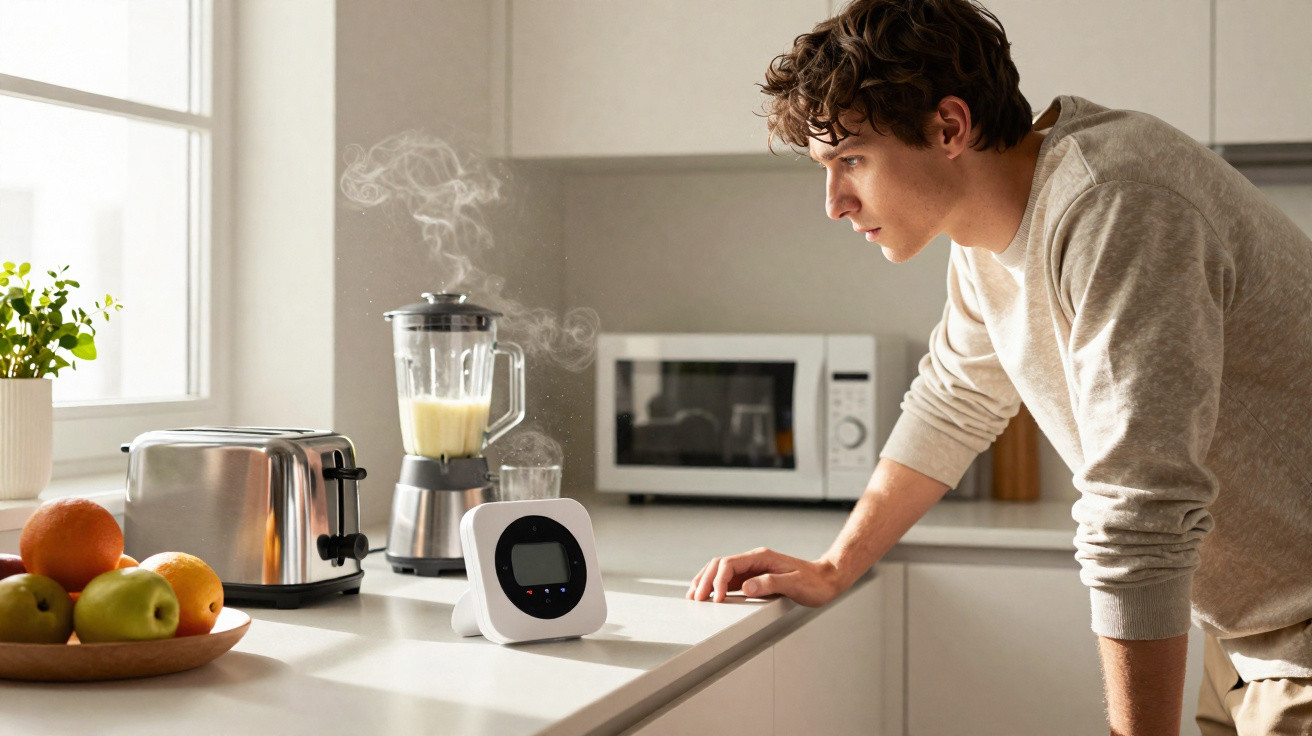 Jovem observa temporizador digital na cozinha moderna com liquidificador a vapor e fruta na bancada.