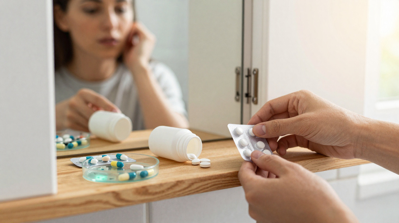 Pessoa segurando comprimidos junto a frascos e mais medicamentos numa prateleira de madeira diante de um espelho.