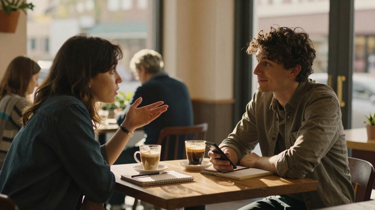 Duas pessoas sentadas numa cafeteria, a conversar com cafés e cadernos na mesa à luz natural.