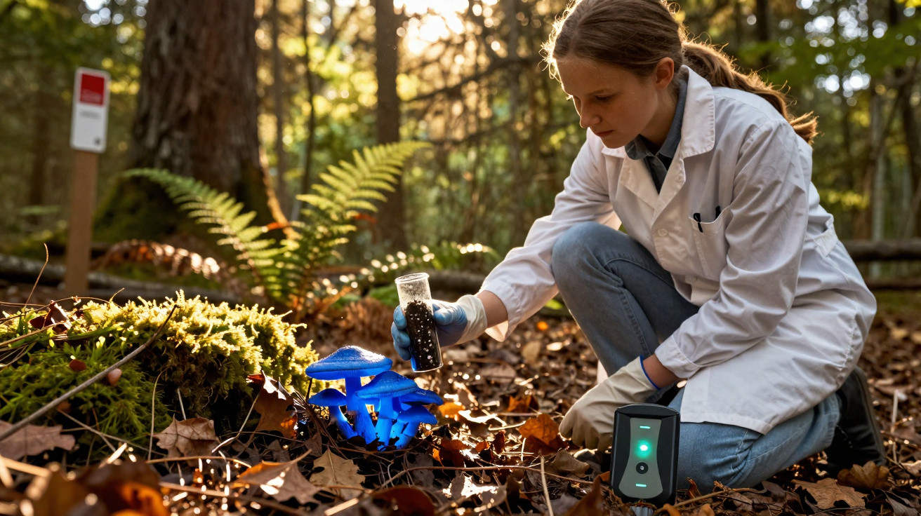 Cientista em laboratório ao ar livre analisa cogumelos azuis fluorescentes numa floresta.