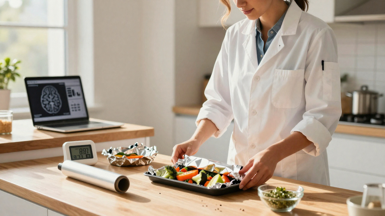 Mulher de jaleco prepara tabuleiro com legumes numa cozinha luminosa, com computador aberto ao fundo.