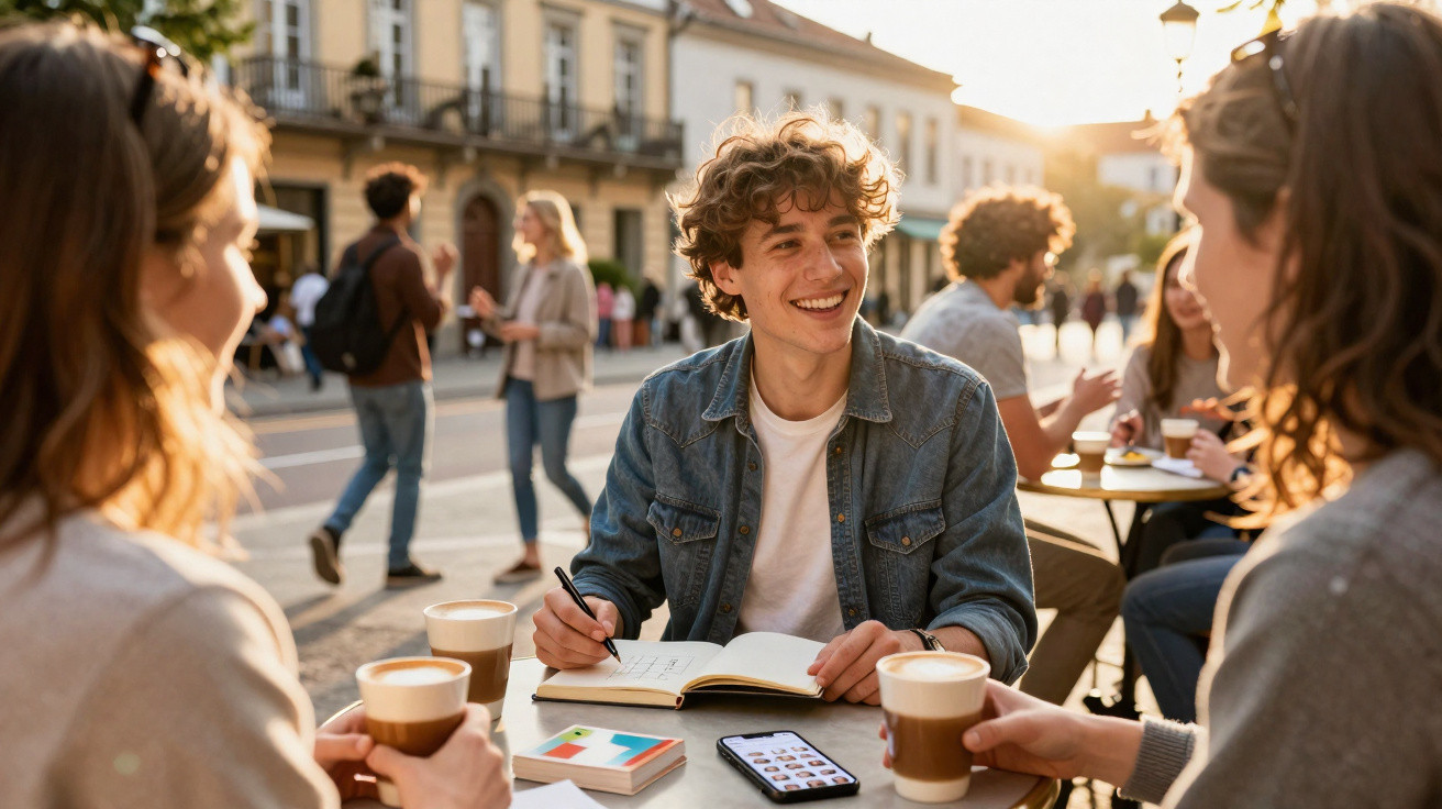 Jovens sentados numa esplanada a conversar e beber café ao final da tarde numa rua movimentada.