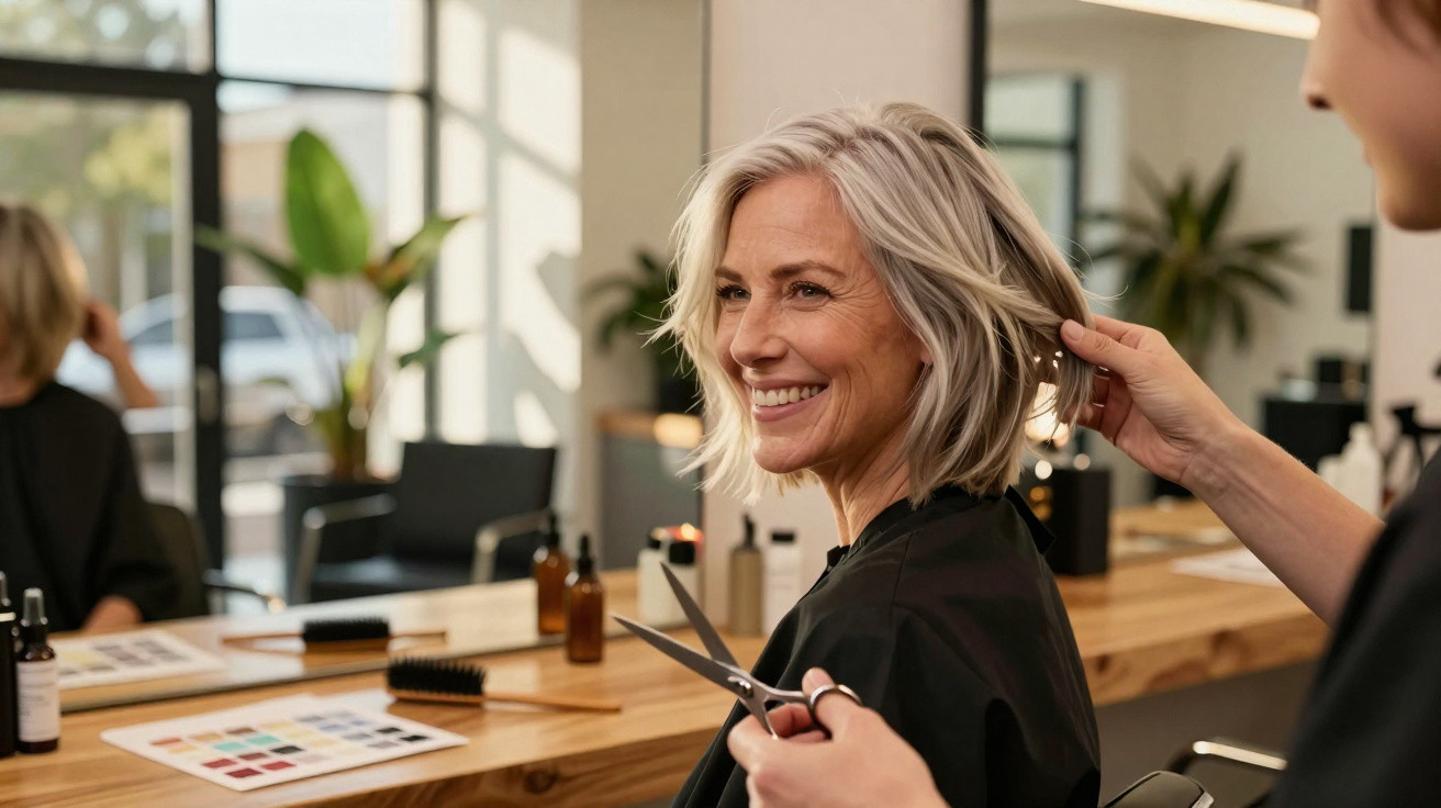 Mulher sorridente num salão de cabeleireiro a receber um corte de cabelo curto e louro.