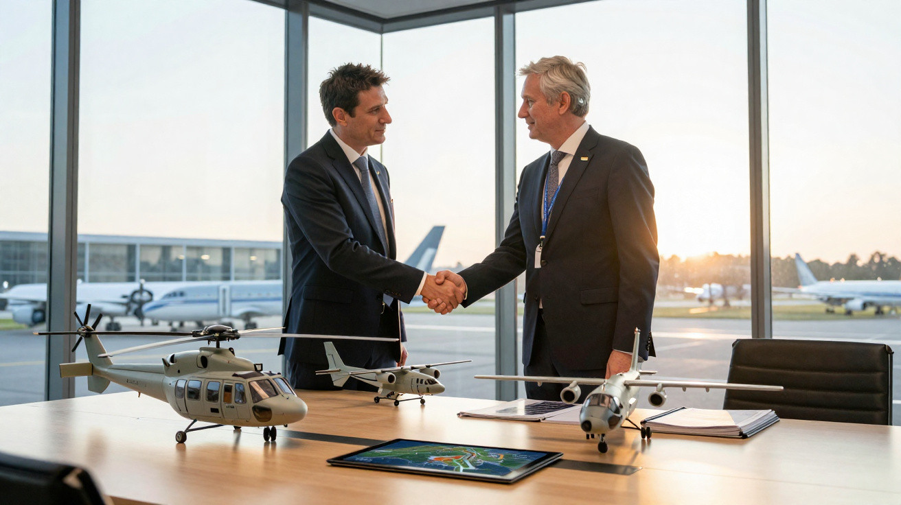 Dois homens de fato apertam as mãos numa sala com modelos de aviões e helicópteros numa mesa, junto a janelas com vista para 