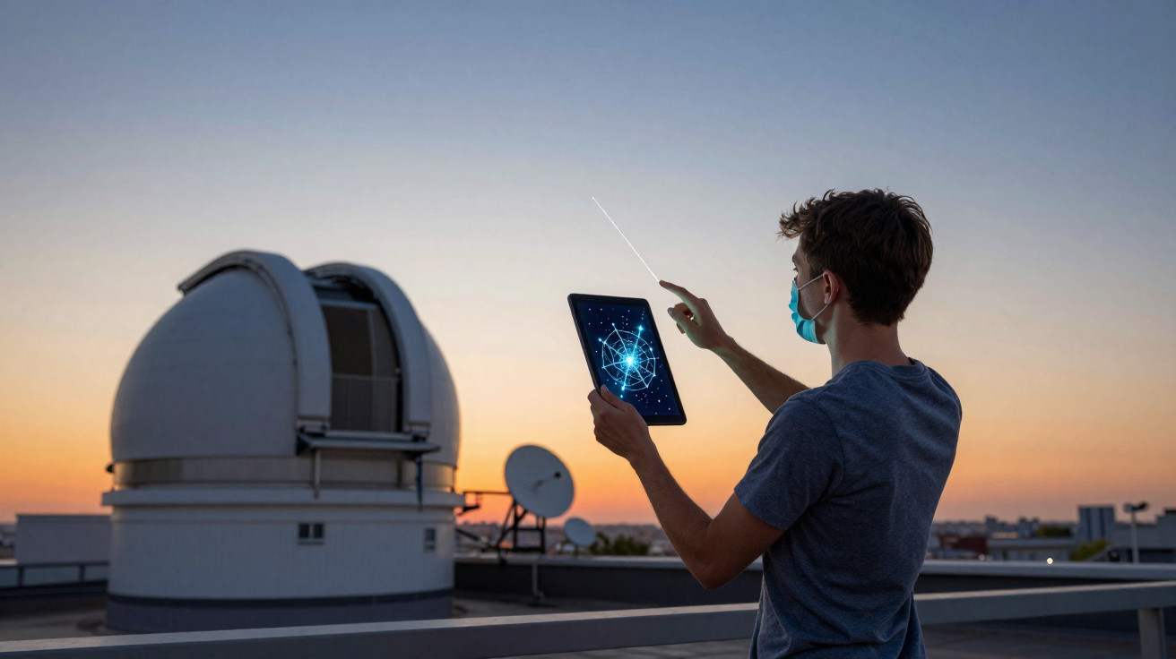 Pessoa com máscara segura tablet com gráfico digital, junto de um observatório ao pôr do sol.