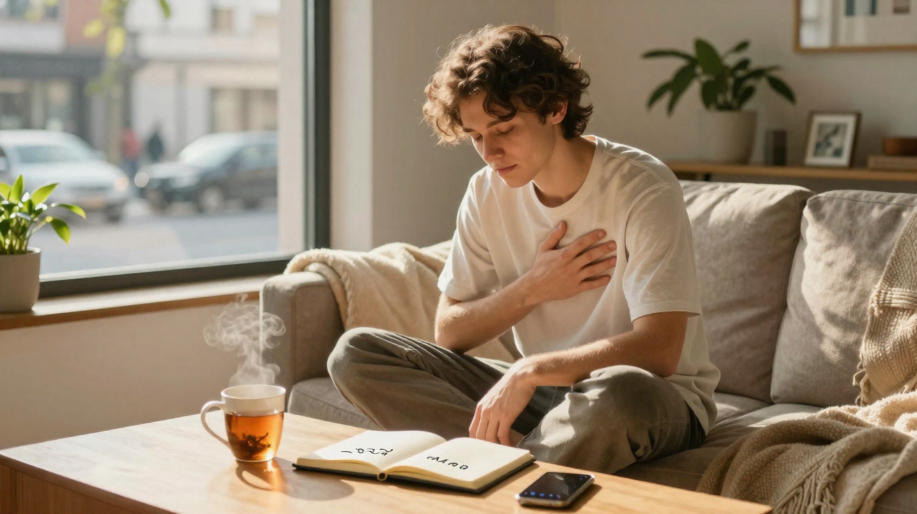 Jovem sentado no sofá com a mão no peito, lendo um livro aberto numa mesa com chá quente e telemóvel.