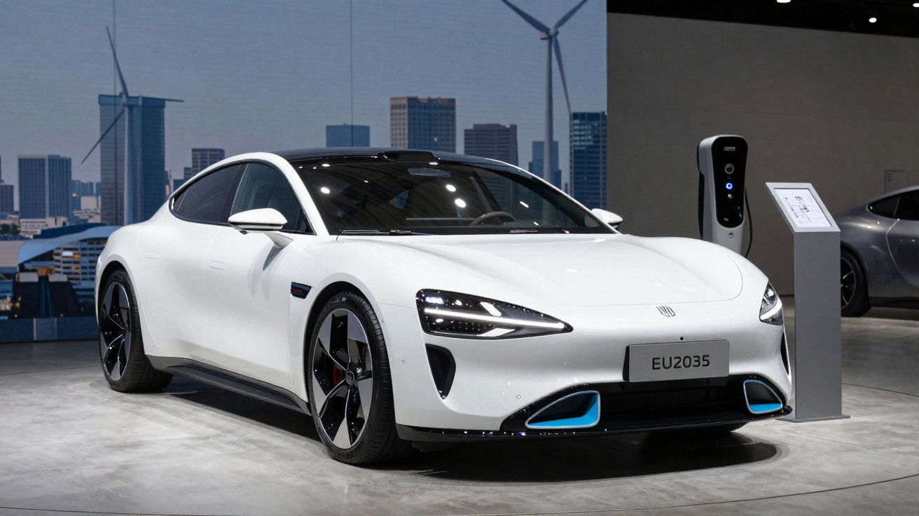 Carro elétrico desportivo branco em exposição, ao lado de posto de carregamento, com cidade e turbinas eólicas ao fundo.