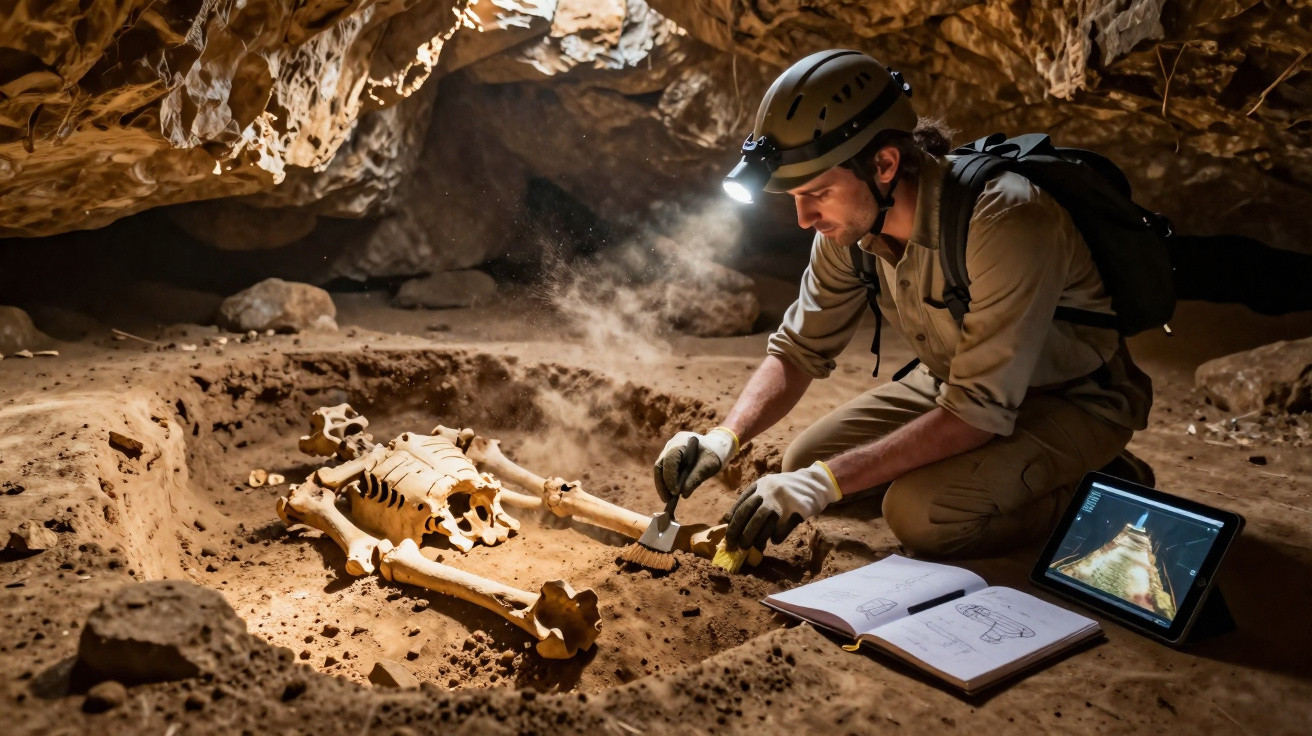 Arqueólogo com capacete e luz escavando ossada humana numa caverna, com tablet e caderno ao lado.