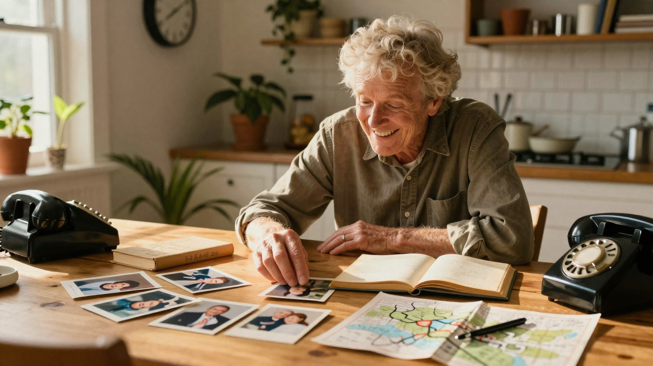 Homem idoso sorridente sentado à mesa com fotos, livro e mapa, num ambiente de cozinha acolhedor.