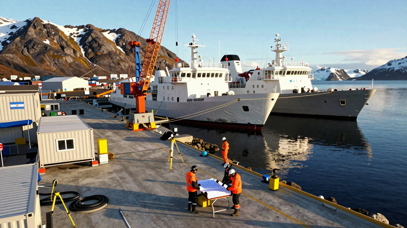 Três pessoas com equipamento de proteção junto ao cais com barcos e montanhas nevadas ao fundo.