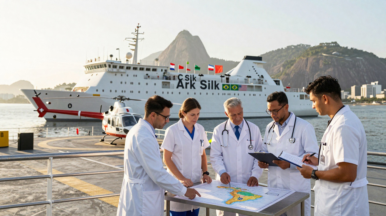 Equipa médica de cinco profissionais a analisar um mapa no cais com navio e helicóptero ao fundo.