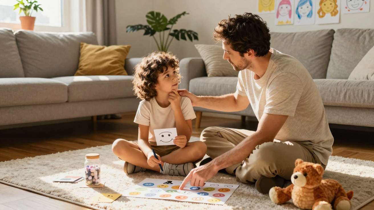 Pai e filho sentados no chão a jogar um jogo de emoções, com um urso de peluche ao lado.