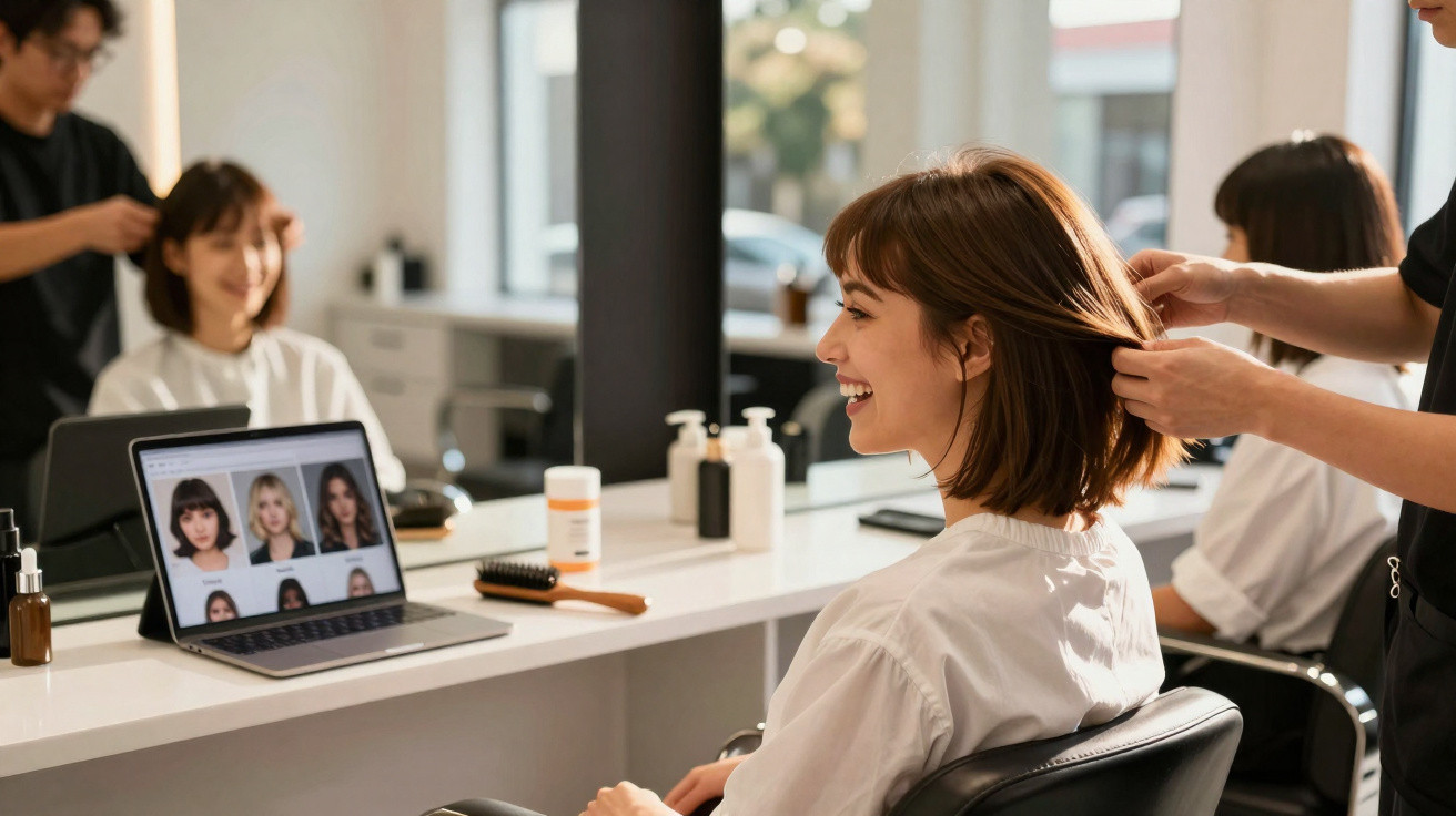 Mulher sorridente a experimentar corte de cabelo num salão, com fotos de estilos no computador à frente.