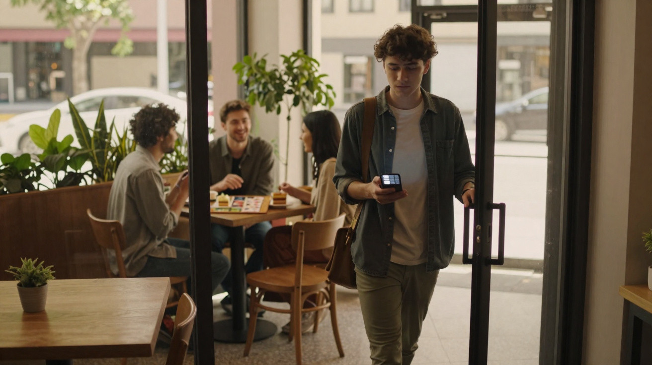 Jovem entra numa cafetaria com smartphone na mão enquanto três pessoas conversam e jogam ao fundo.