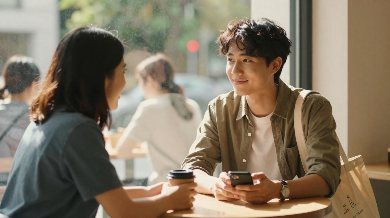 Duas pessoas sentadas numa cafetaria, a conversar e a beber café, com luz natural a entrar pela janela.