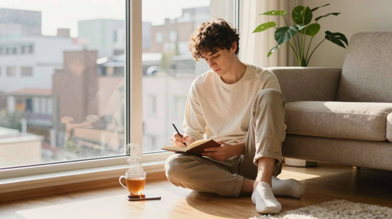 Jovem sentado no chão junto a janela, escrevendo num caderno, com chá quente e telemóvel ao lado.