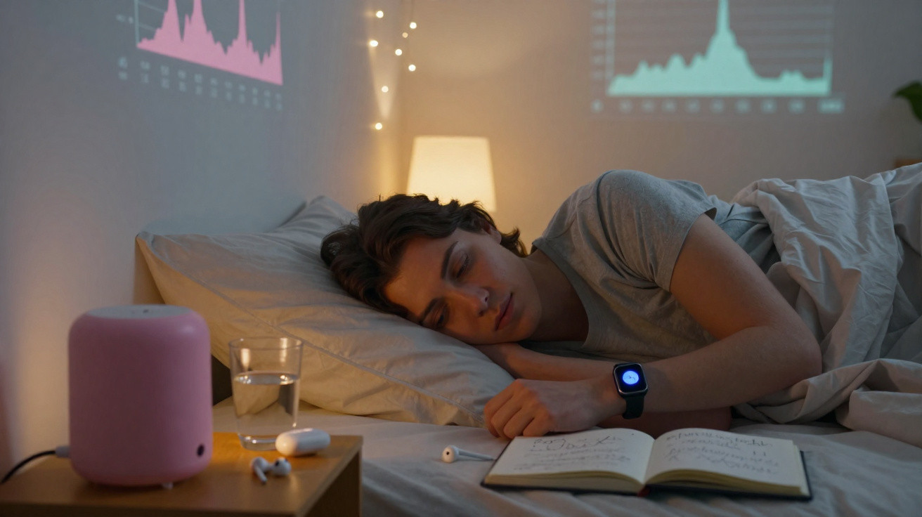 Pessoa jovem a dormir na cama com caderno aberto, auriculares e dispositivos eletrónicos ao lado.