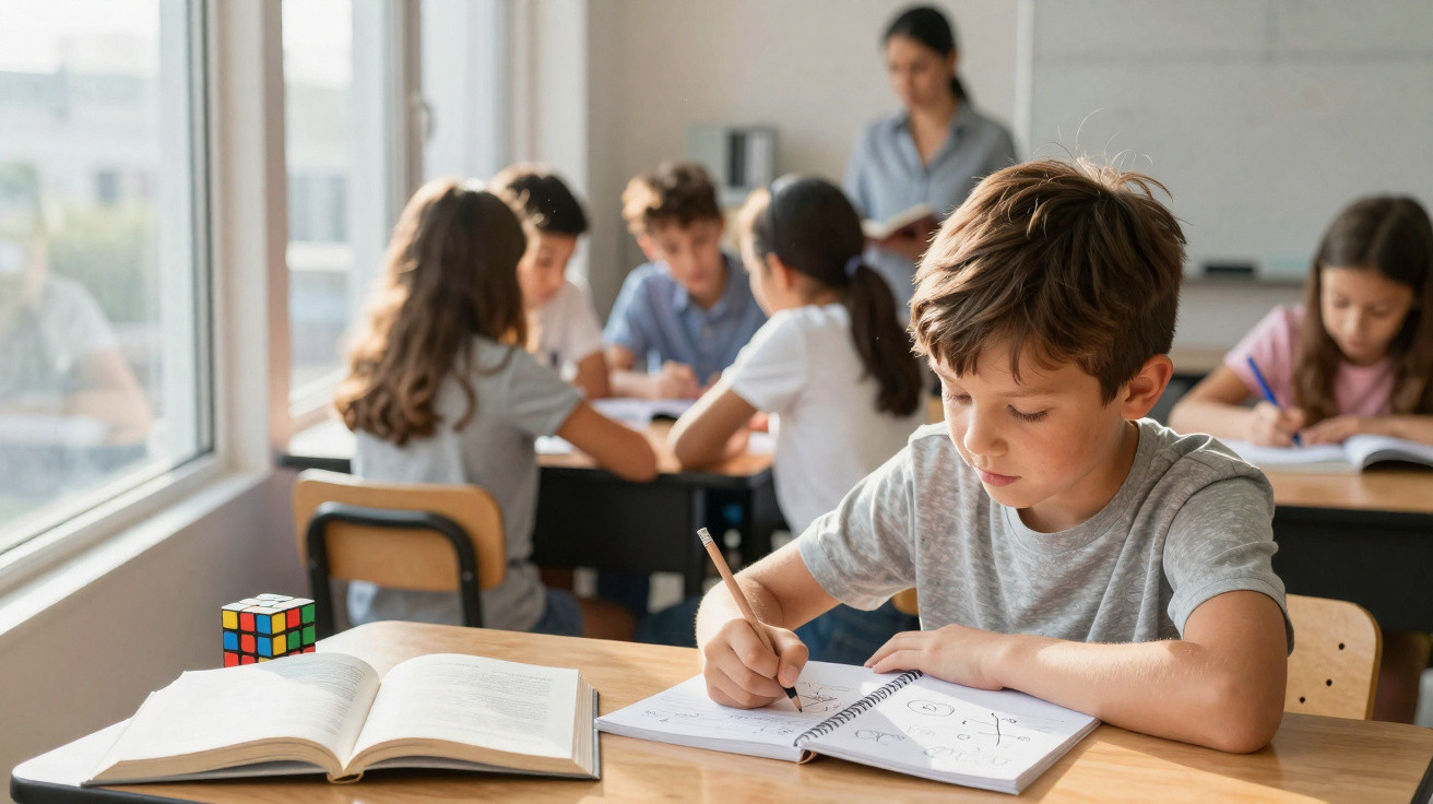 Criança a escrever num caderno numa sala de aula com outros alunos e professora ao fundo.
