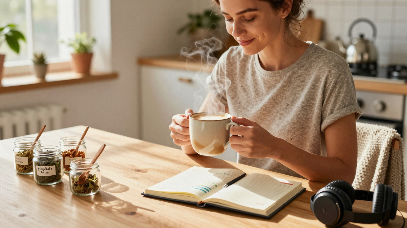Mulher sentada à mesa a beber chá quente, com caderno aberto e frascos de especiarias à sua frente.