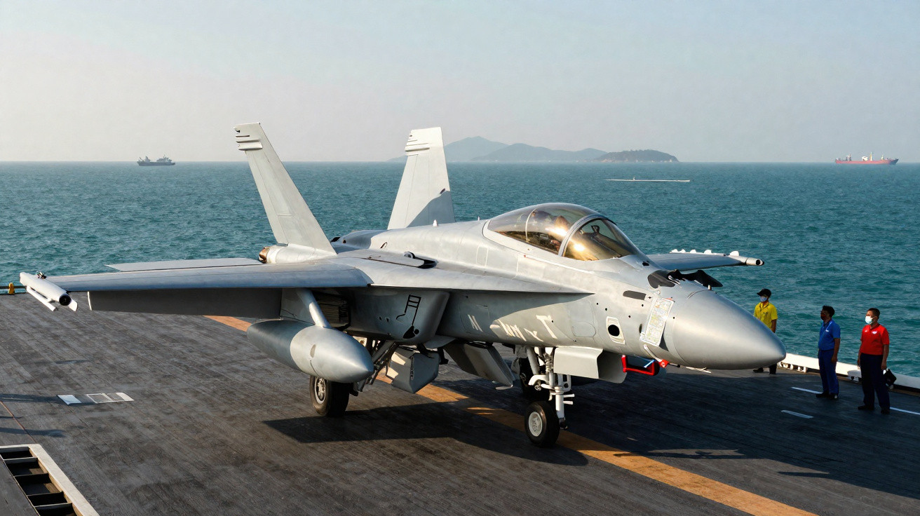 Caça militar cinza estacionado no convés de um porta-aviões à beira-mar com tripulantes ao lado.