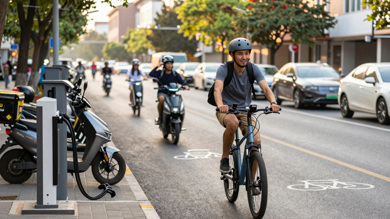 Homem de capacete a andar de bicicleta numa ciclovia urbana junto a motos e carros estacionados.