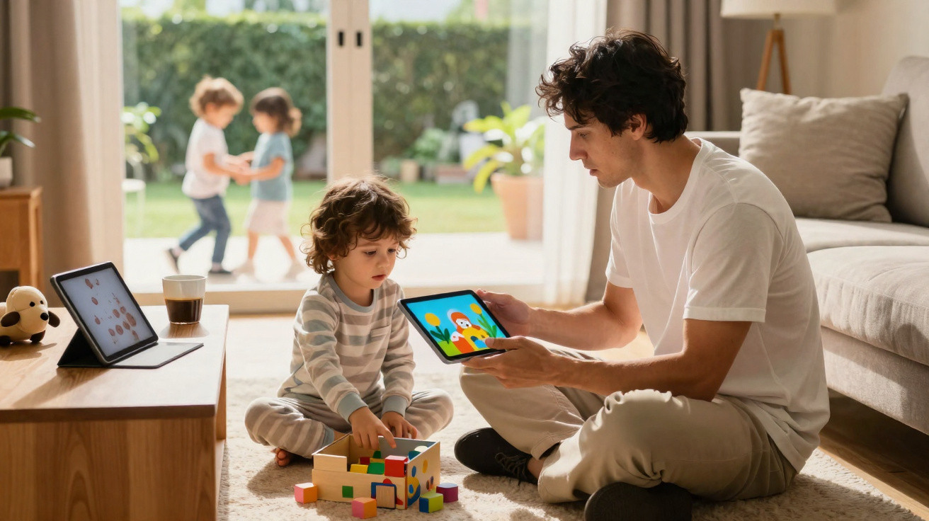 Pai e filho a brincar no chão da sala com brinquedos e tablet, enquanto duas crianças brincam no jardim ao fundo.